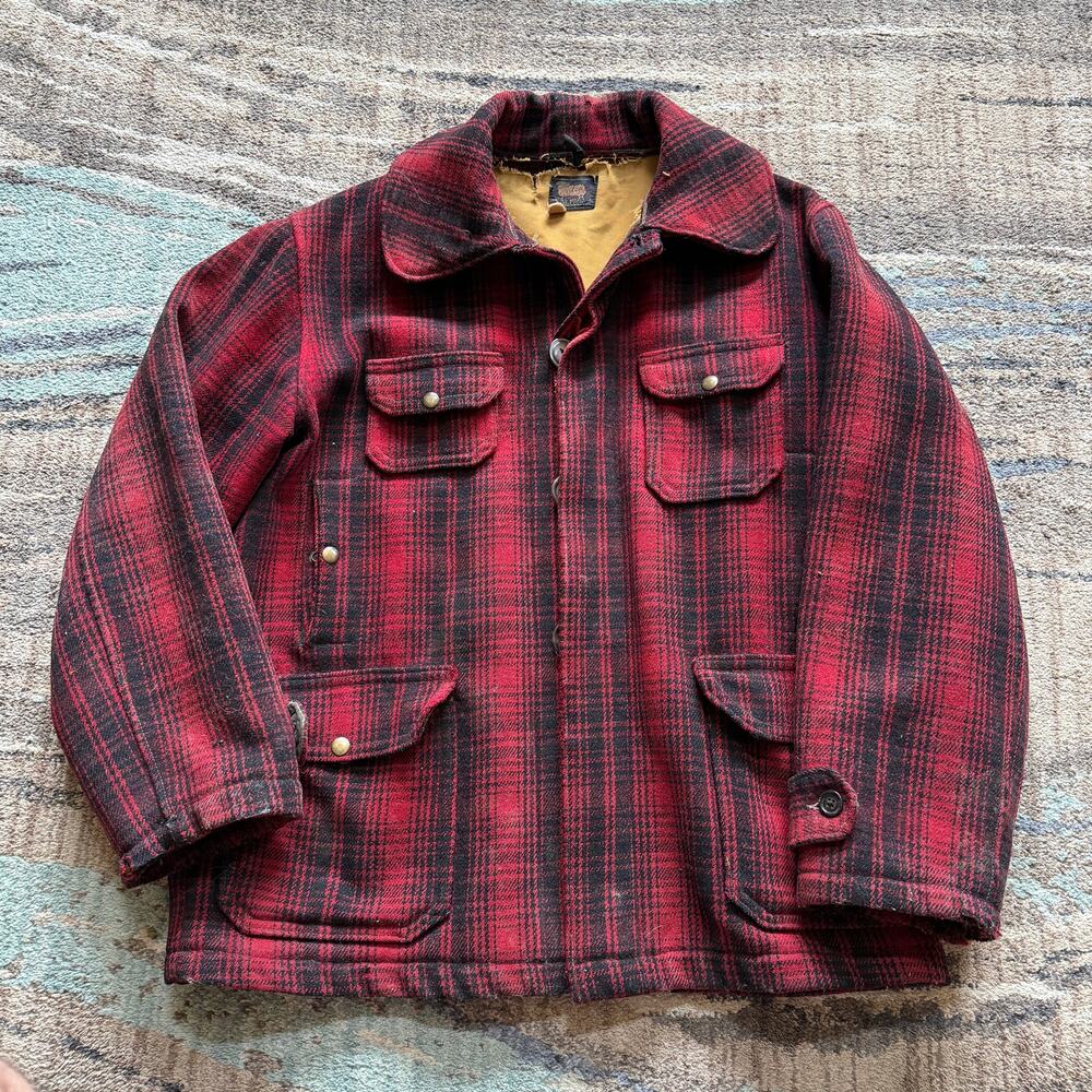 Vintage 1930's Woolrich Red Black Buffalo Plaid Wool Mackinaw Jacket Sz 44 Large